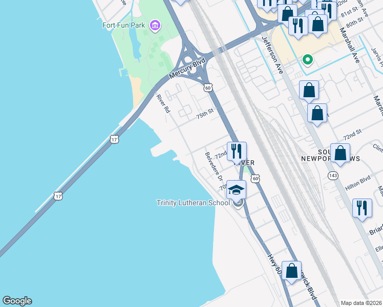 map of restaurants, bars, coffee shops, grocery stores, and more near 7207 River Road in Newport News