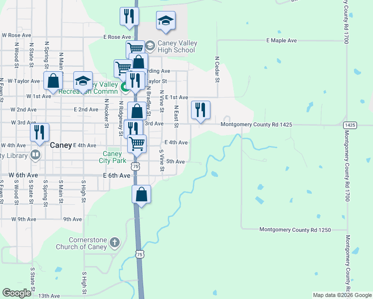 map of restaurants, bars, coffee shops, grocery stores, and more near 100-198 South Smith Street in Caney