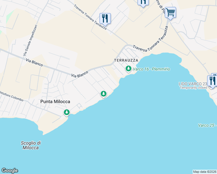 map of restaurants, bars, coffee shops, grocery stores, and more near 25 Via Giovanni da Verrazzano in Libero consorzio comunale di Siracusa