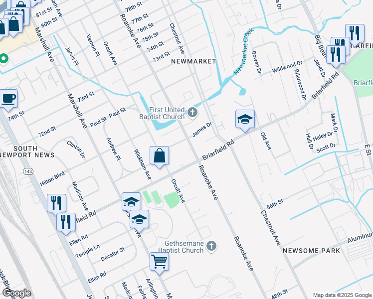 map of restaurants, bars, coffee shops, grocery stores, and more near 6207 Roanoke Avenue in Newport News