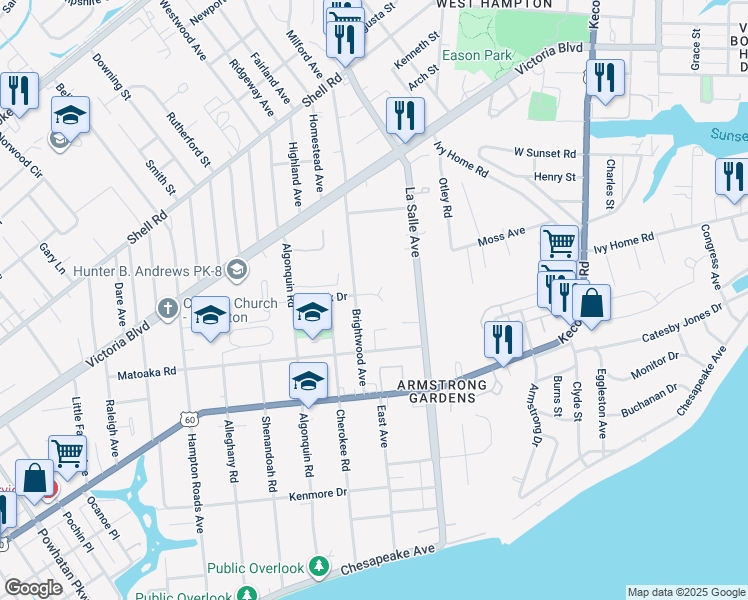map of restaurants, bars, coffee shops, grocery stores, and more near 3602 Fairfax Drive in Hampton