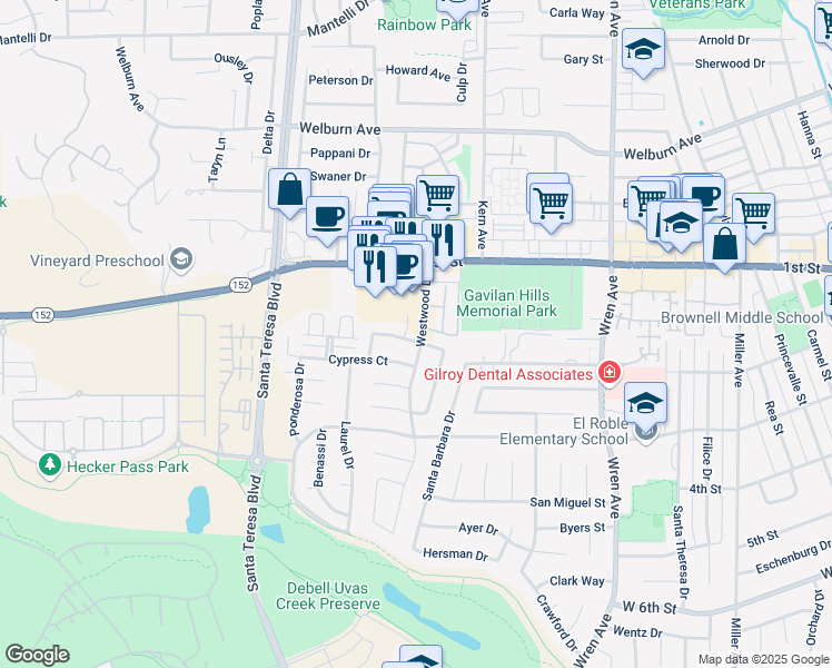 map of restaurants, bars, coffee shops, grocery stores, and more near 1201 Juniper Drive in Gilroy