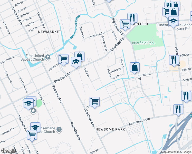 map of restaurants, bars, coffee shops, grocery stores, and more near 5913 Potomac Avenue in Newport News