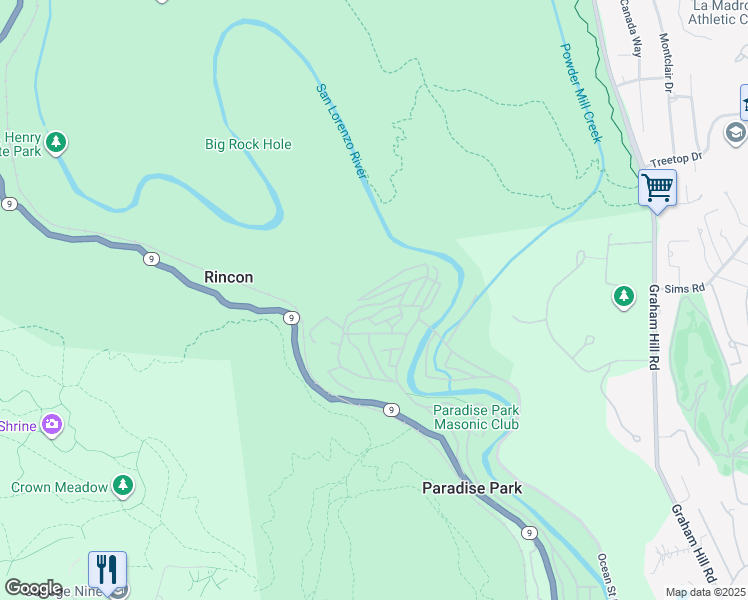 map of restaurants, bars, coffee shops, grocery stores, and more near 453 York Avenue in Santa Cruz