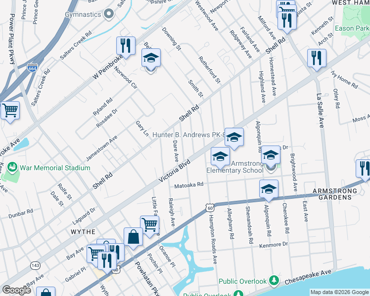 map of restaurants, bars, coffee shops, grocery stores, and more near in Hampton