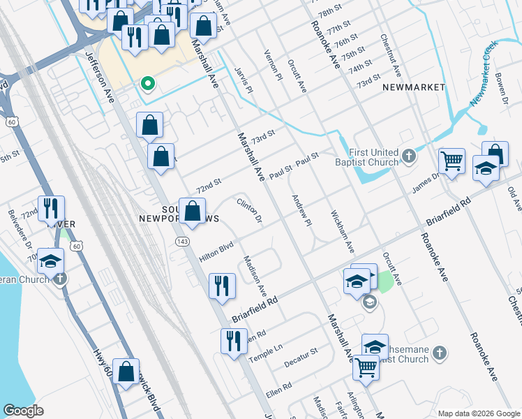 map of restaurants, bars, coffee shops, grocery stores, and more near 651 Clinton Drive in Newport News
