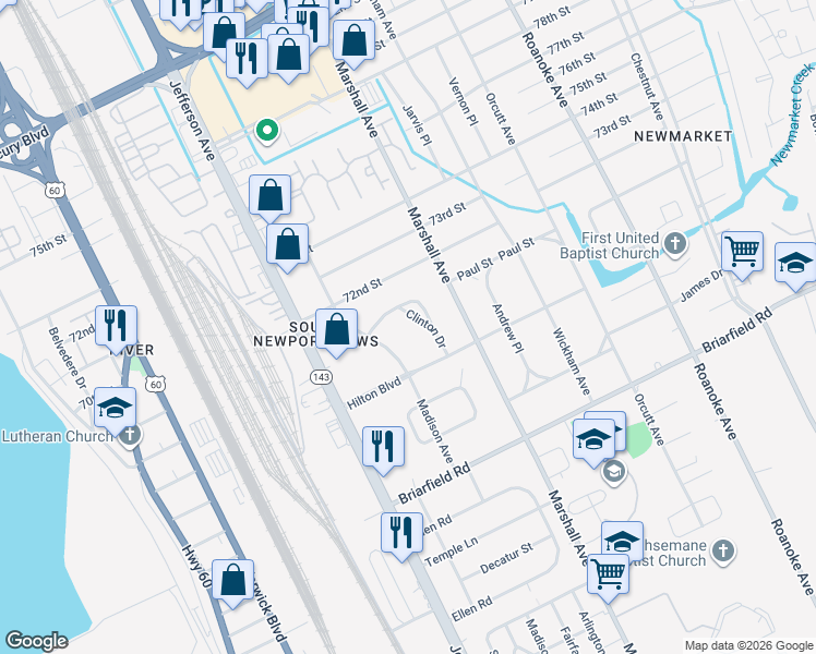map of restaurants, bars, coffee shops, grocery stores, and more near 5930 Madison Avenue in Newport News