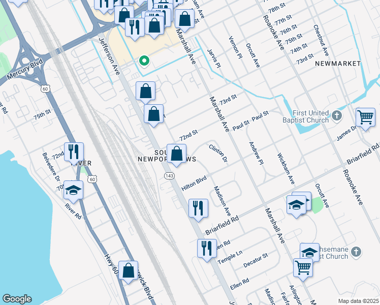 map of restaurants, bars, coffee shops, grocery stores, and more near 5933 Madison Avenue in Newport News