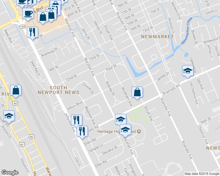 map of restaurants, bars, coffee shops, grocery stores, and more near 706 Hilton Boulevard in Newport News