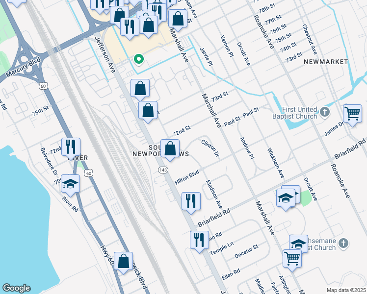 map of restaurants, bars, coffee shops, grocery stores, and more near 5933 Madison Avenue in Newport News