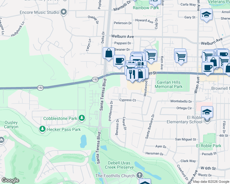 map of restaurants, bars, coffee shops, grocery stores, and more near 1366 White Oak Place in Gilroy