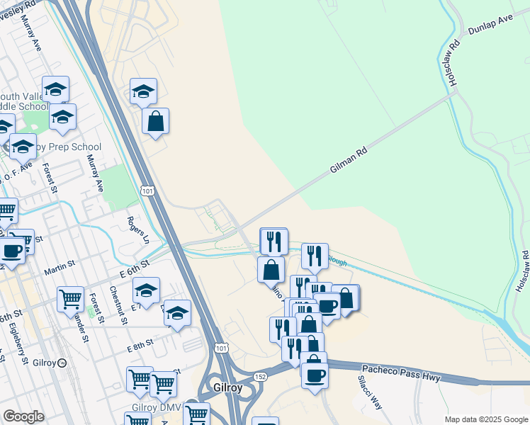map of restaurants, bars, coffee shops, grocery stores, and more near 1501 Gilman Road in Gilroy