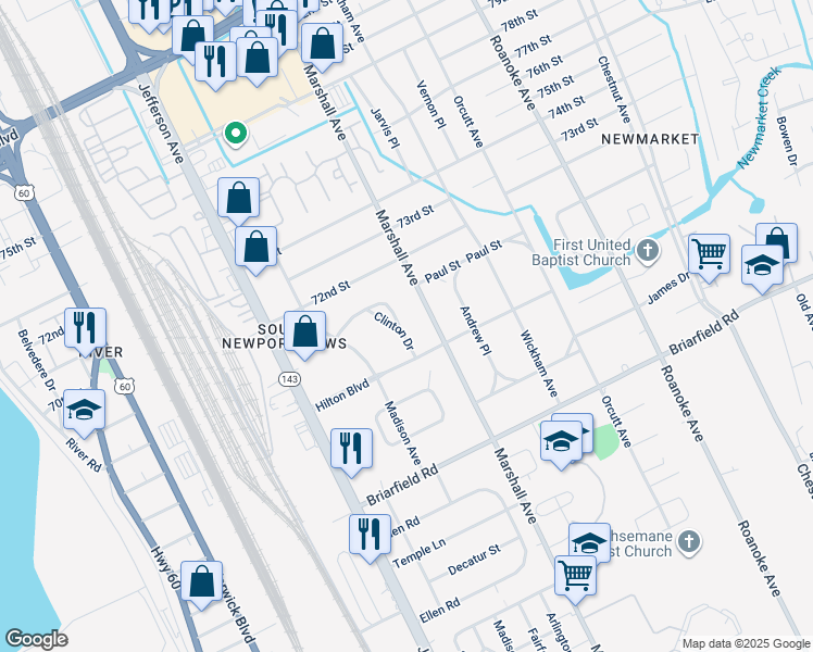 map of restaurants, bars, coffee shops, grocery stores, and more near 647 Clinton Drive in Newport News