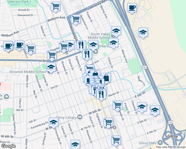 map of restaurants, bars, coffee shops, grocery stores, and more near 7680 Monterey Street in Gilroy