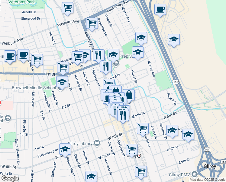 map of restaurants, bars, coffee shops, grocery stores, and more near 7680 Monterey Road in Gilroy