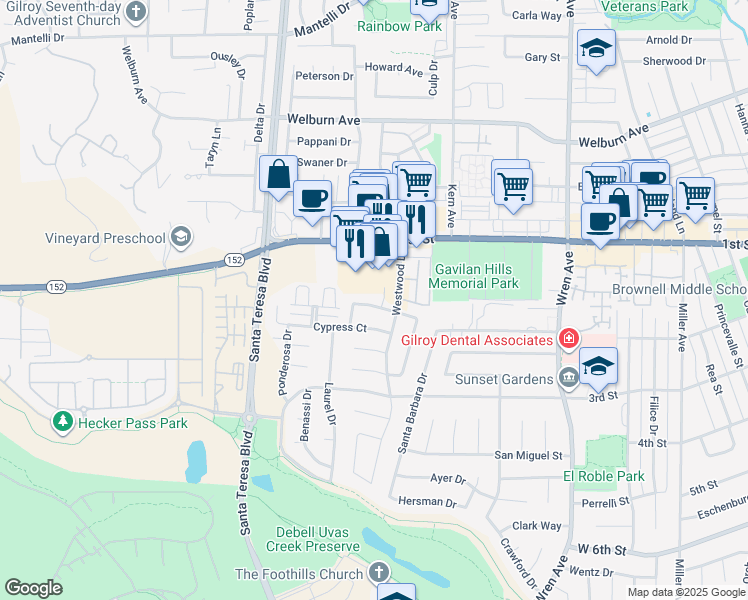 map of restaurants, bars, coffee shops, grocery stores, and more near 1220 Juniper Drive in Gilroy