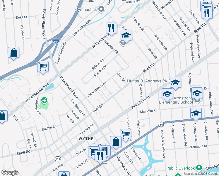 map of restaurants, bars, coffee shops, grocery stores, and more near 620 Celey Street in Hampton