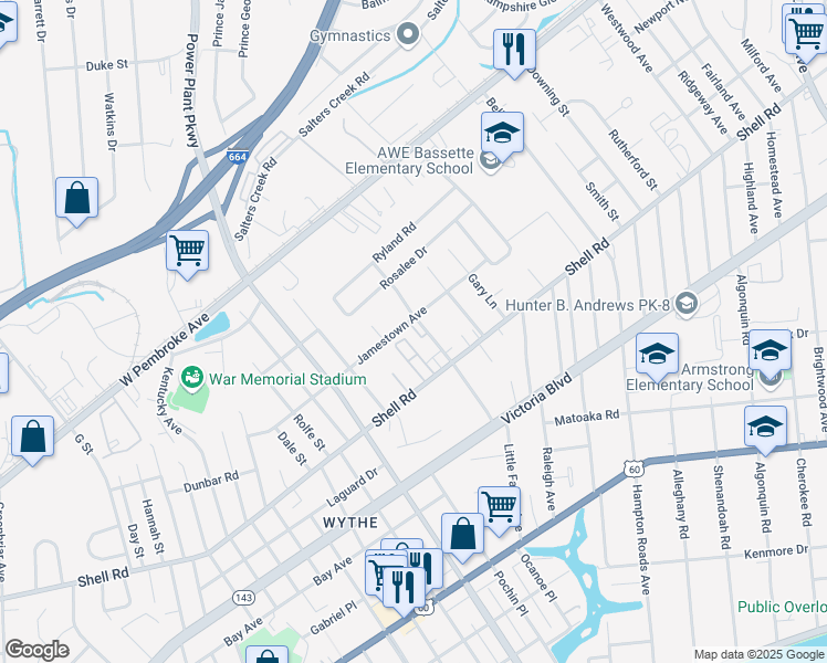 map of restaurants, bars, coffee shops, grocery stores, and more near 2305 Shell Road in Hampton