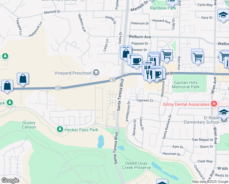 map of restaurants, bars, coffee shops, grocery stores, and more near 1557 Rosette Way in Gilroy