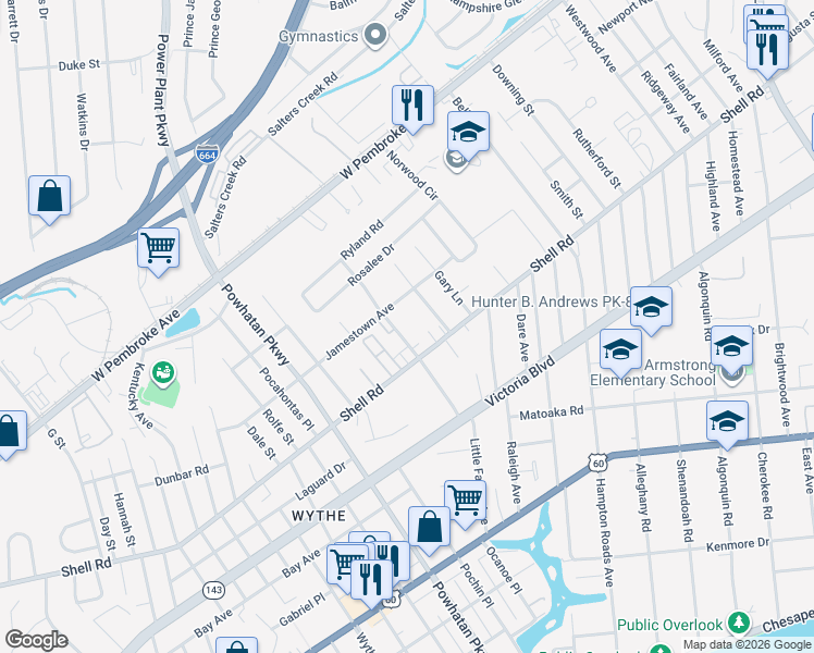 map of restaurants, bars, coffee shops, grocery stores, and more near 620 Celey Street in Hampton