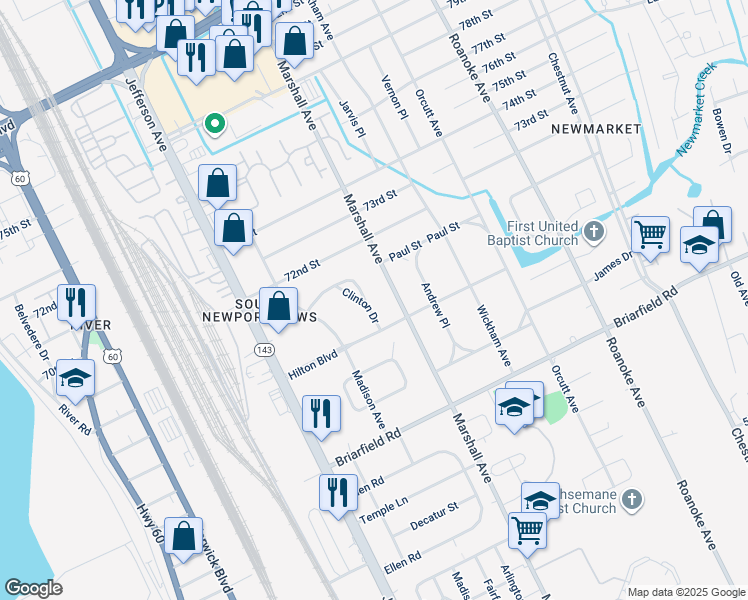 map of restaurants, bars, coffee shops, grocery stores, and more near 647 Clinton Drive in Newport News