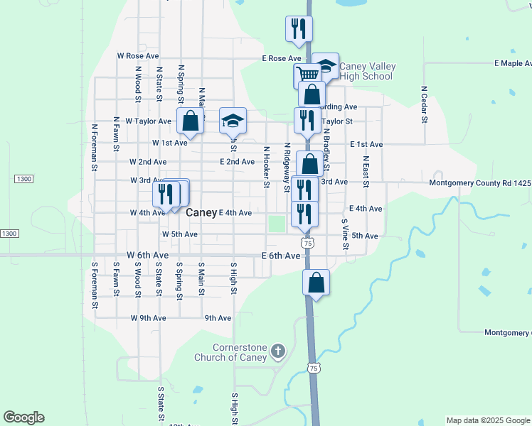 map of restaurants, bars, coffee shops, grocery stores, and more near 101 North Hooker Street in Caney