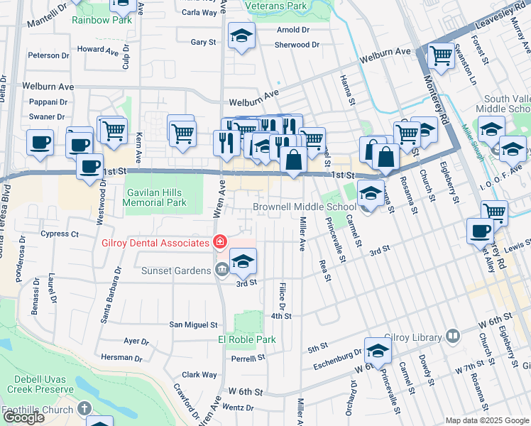 map of restaurants, bars, coffee shops, grocery stores, and more near 7830 Santa Theresa Drive in Gilroy