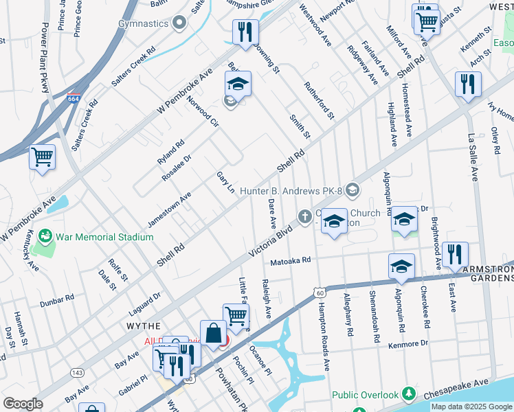 map of restaurants, bars, coffee shops, grocery stores, and more near 456 Raleigh Avenue in Hampton