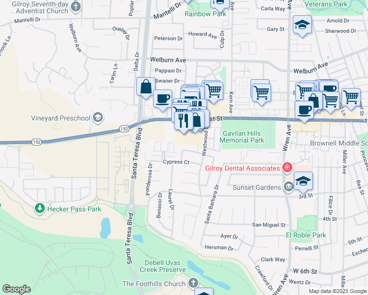 map of restaurants, bars, coffee shops, grocery stores, and more near 1261 Juniper Drive in Gilroy