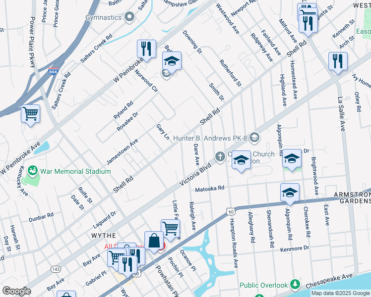 map of restaurants, bars, coffee shops, grocery stores, and more near 456 Raleigh Avenue in Hampton