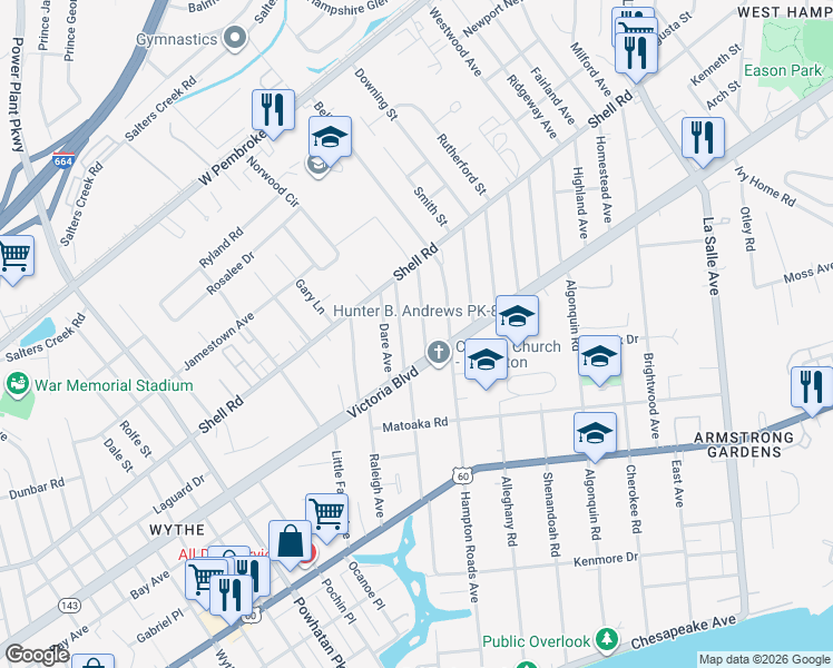 map of restaurants, bars, coffee shops, grocery stores, and more near 400 Glendale Road in Hampton