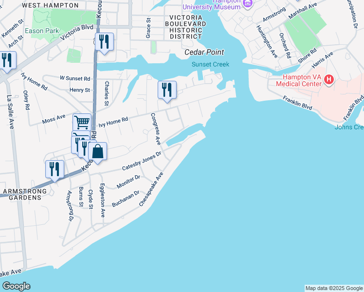 map of restaurants, bars, coffee shops, grocery stores, and more near 4412 Chesapeake Avenue in Hampton