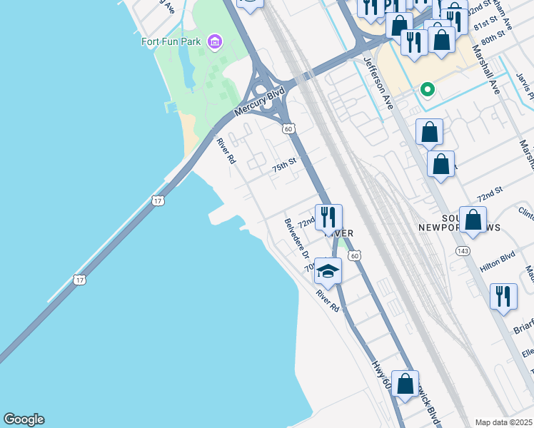 map of restaurants, bars, coffee shops, grocery stores, and more near 7207 River Road in Newport News