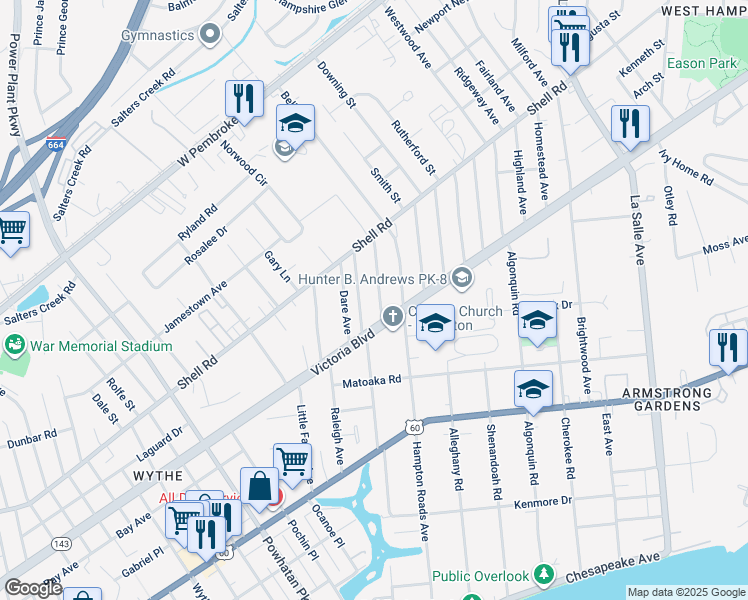 map of restaurants, bars, coffee shops, grocery stores, and more near 409 Glendale Road in Hampton