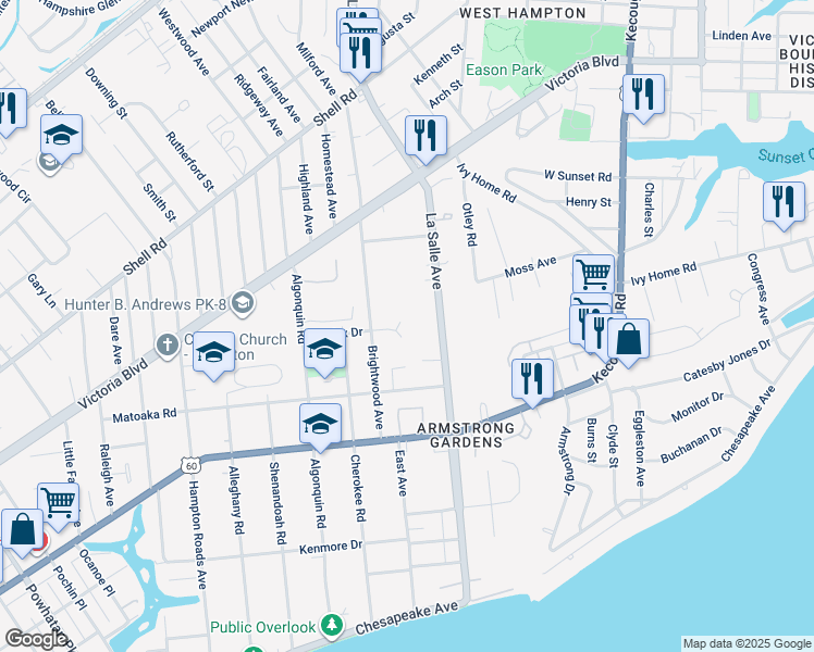 map of restaurants, bars, coffee shops, grocery stores, and more near 3613 Fairfax Drive in Hampton