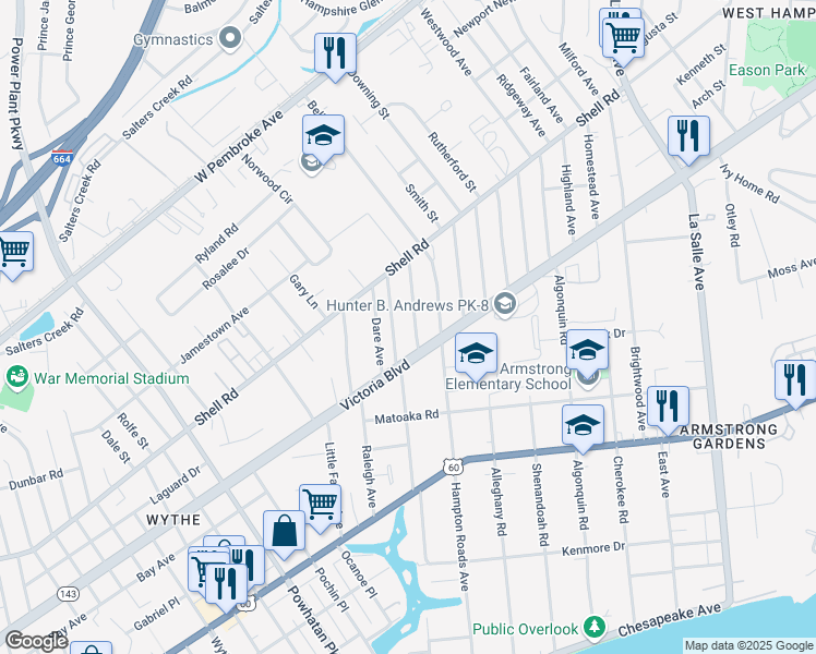 map of restaurants, bars, coffee shops, grocery stores, and more near 409 Glendale Road in Hampton