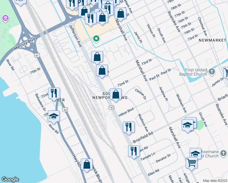 map of restaurants, bars, coffee shops, grocery stores, and more near 5943 Madison Avenue in Newport News