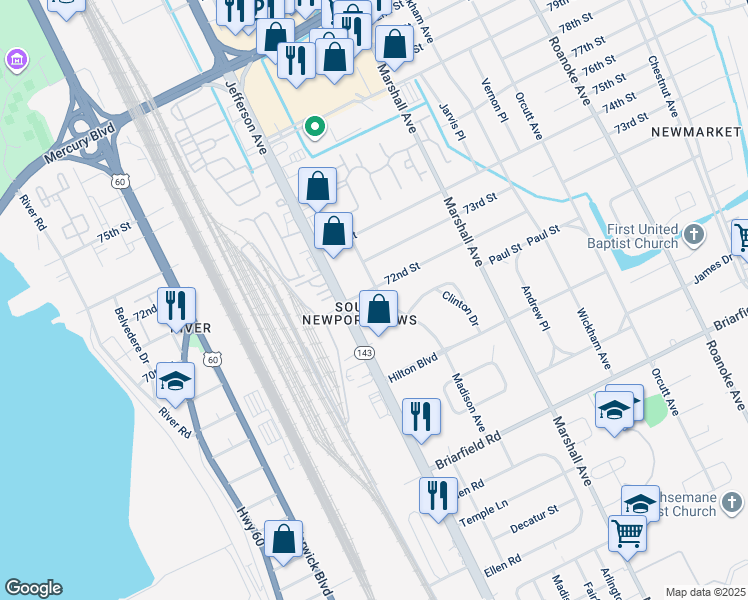 map of restaurants, bars, coffee shops, grocery stores, and more near 5943 Madison Avenue in Newport News