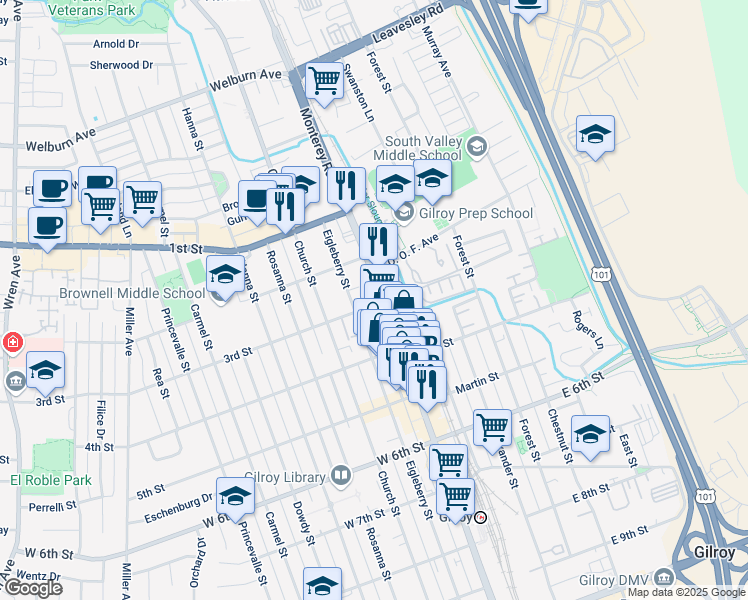 map of restaurants, bars, coffee shops, grocery stores, and more near 94 3rd Street in Gilroy