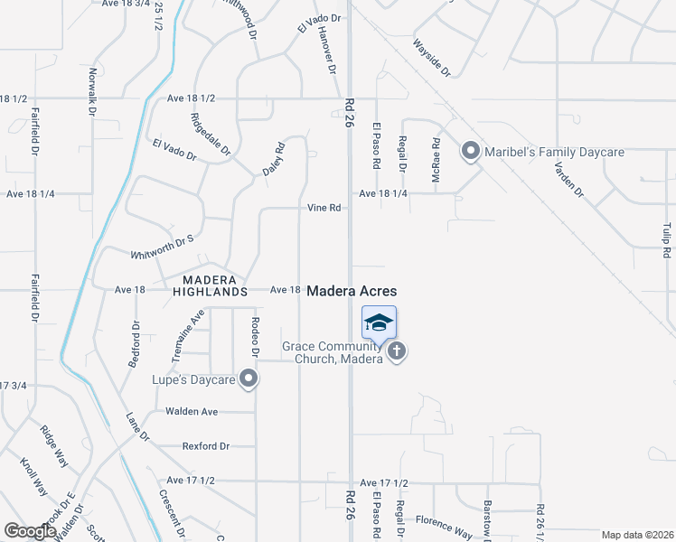map of restaurants, bars, coffee shops, grocery stores, and more near 18046 Road 26 in Madera