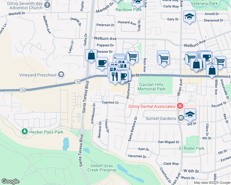 map of restaurants, bars, coffee shops, grocery stores, and more near 1261 Juniper Drive in Gilroy