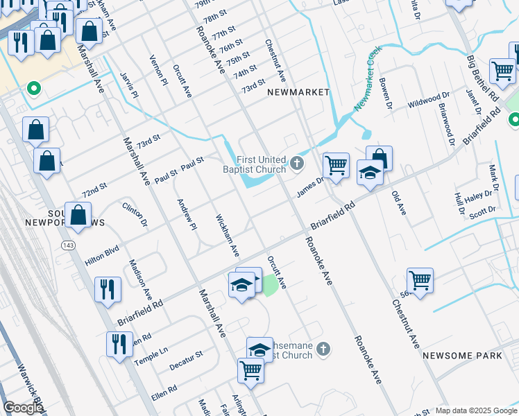 map of restaurants, bars, coffee shops, grocery stores, and more near 904 James Drive in Newport News
