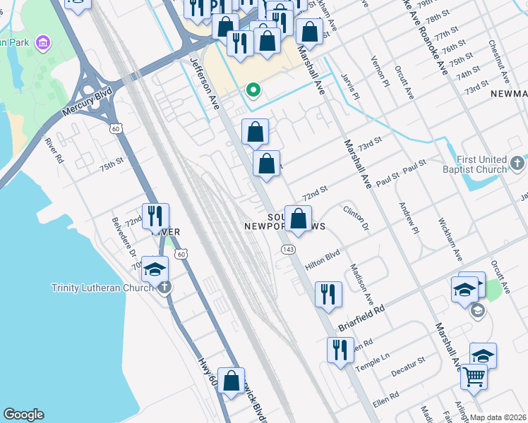 map of restaurants, bars, coffee shops, grocery stores, and more near 5933 Jefferson Avenue in Newport News