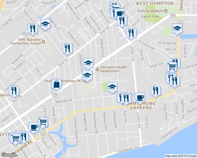 map of restaurants, bars, coffee shops, grocery stores, and more near 409 Algonquin Road in Hampton