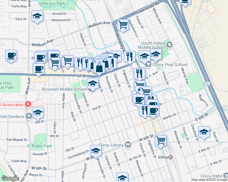 map of restaurants, bars, coffee shops, grocery stores, and more near 7770 Rosanna Street in Gilroy