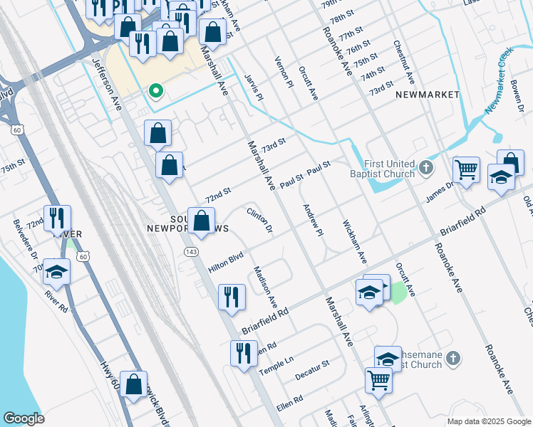 map of restaurants, bars, coffee shops, grocery stores, and more near 645 Clinton Drive in Newport News