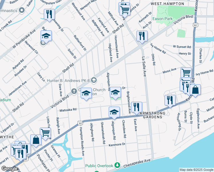 map of restaurants, bars, coffee shops, grocery stores, and more near 409 Algonquin Road in Hampton