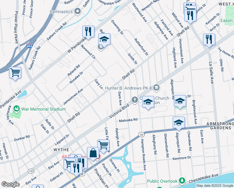map of restaurants, bars, coffee shops, grocery stores, and more near 455 Dare Avenue in Hampton