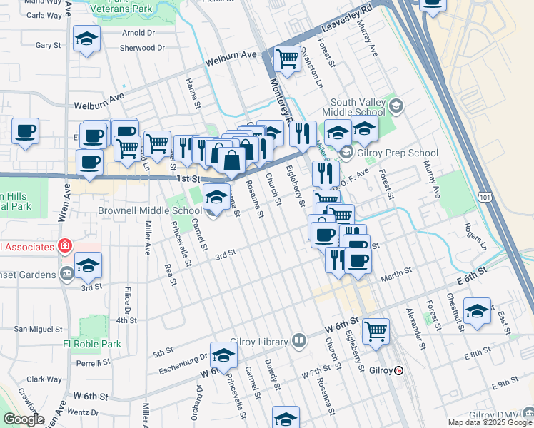 map of restaurants, bars, coffee shops, grocery stores, and more near 7770 Rosanna Street in Gilroy