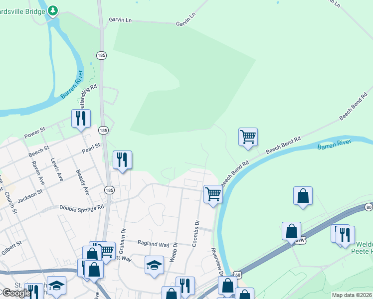 map of restaurants, bars, coffee shops, grocery stores, and more near Fort Webb Drive in Bowling Green